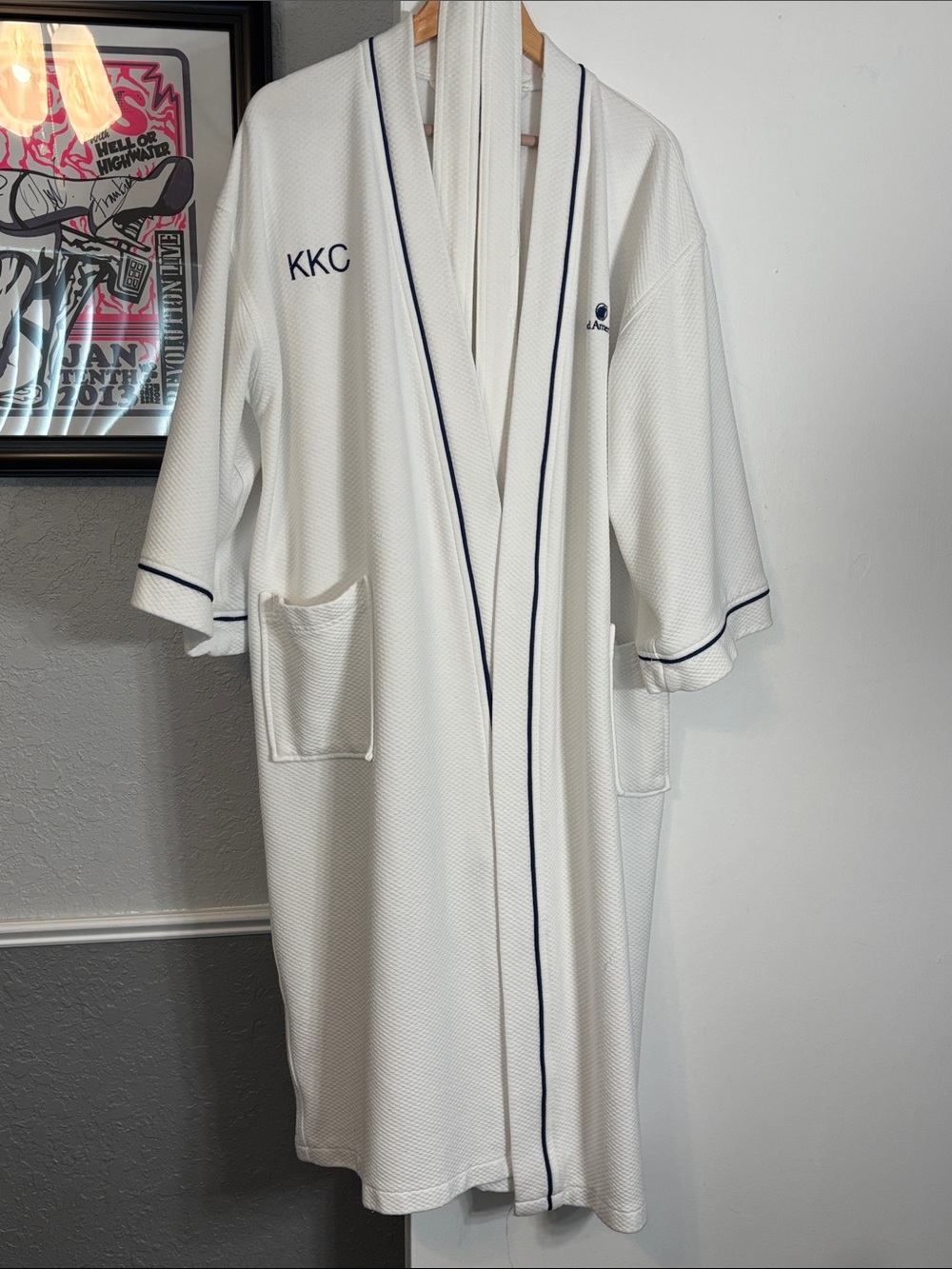 Embroidered White Robe with Navy Trim
